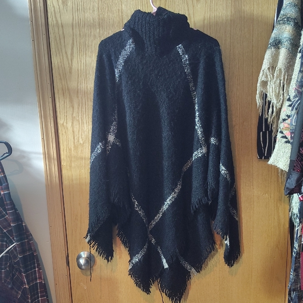 Black Fringe Turtleneck Poncho Sweater